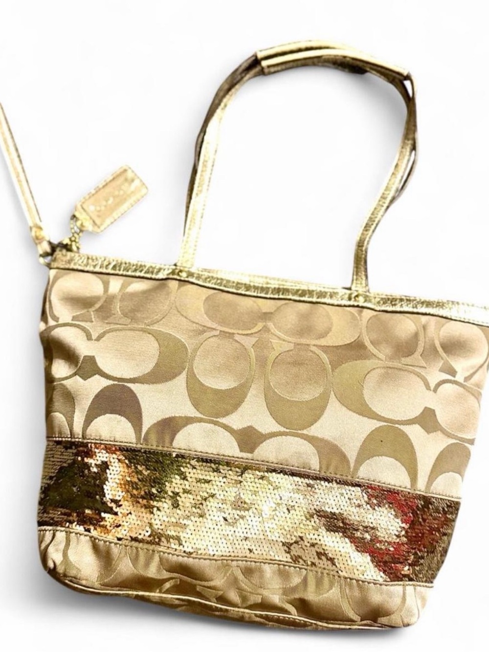 Coach Signature Sequin Stripe Tote Bag in Champagne Jacquard Shimmer Accent